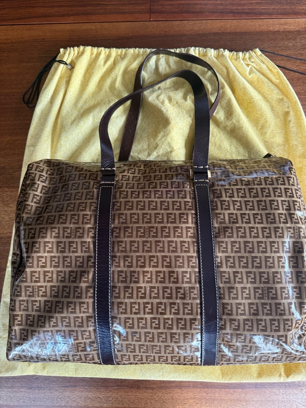 Authentic Fendi Large Brown Zucca Coated Canvas Tote with Dark Brown Straps